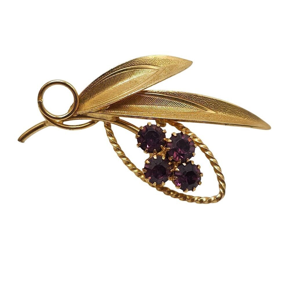 Vintage Gold Tone Leaf Brooch With Purple Rhinestones